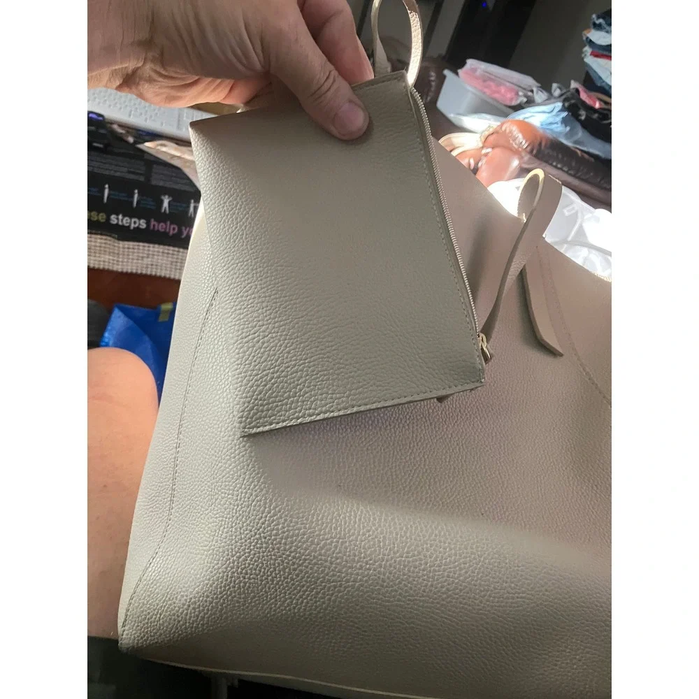Donna Karan New York Beige Pebbled Leather Tote Bag with Attached Wallet Pouch